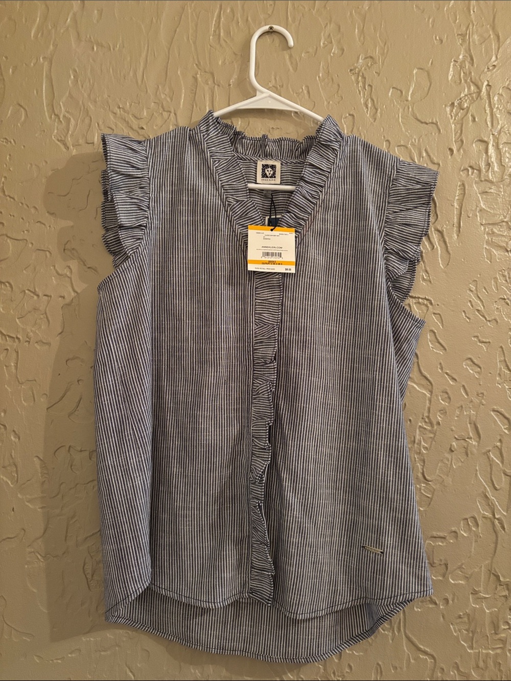 Anne Klein Blue and White Pinstripe Ruffle Sleeve Blouse